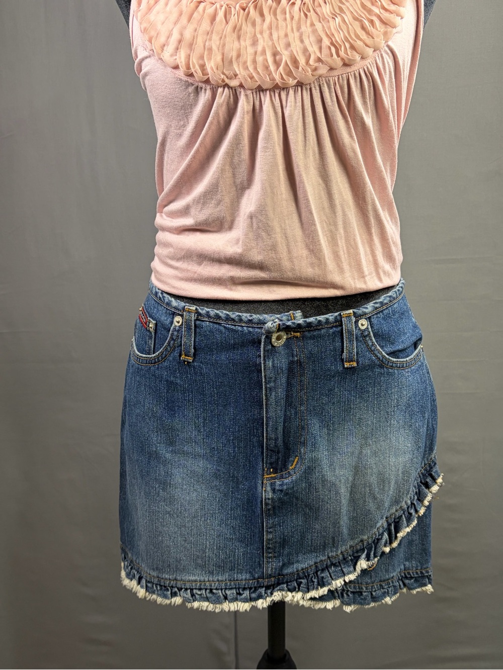 eunina Vintage Y2K Denim Mini Skirt with Frayed Diagonal Ruffle Made in USA